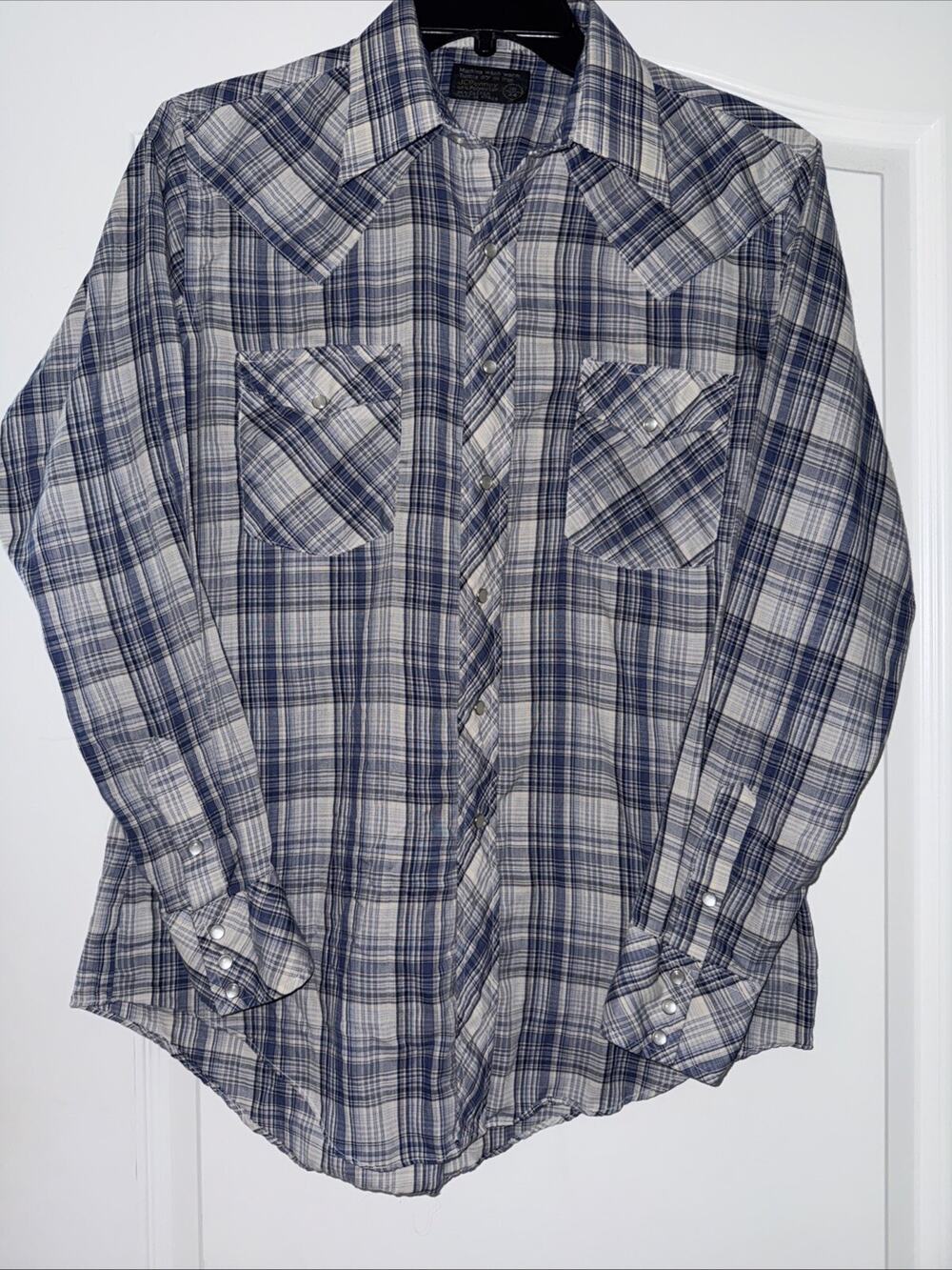Mens 70s JC Penney Western Shirt Pearl Snaps Madras Plaid Cotton blend sz Lg